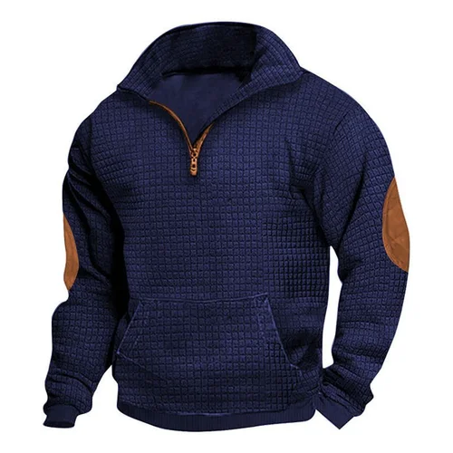 Felpa casual da uomo in pile a quadri con zip e inserti in pelle scamosciata ricamati NDF-00008