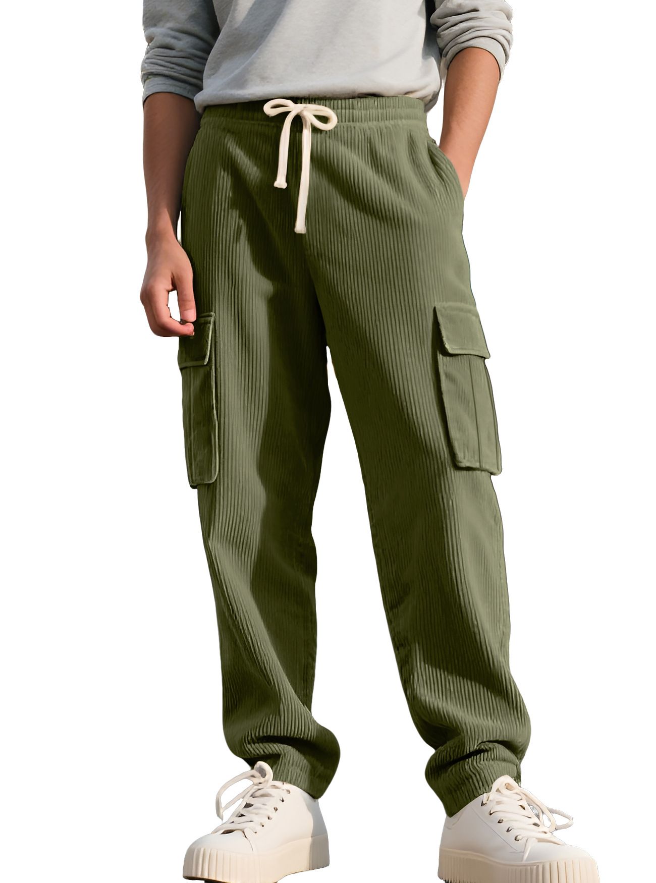 Corduroy Relaxed Fit Straight Leg Cargo Pants Men Vintage Style NDF-00018