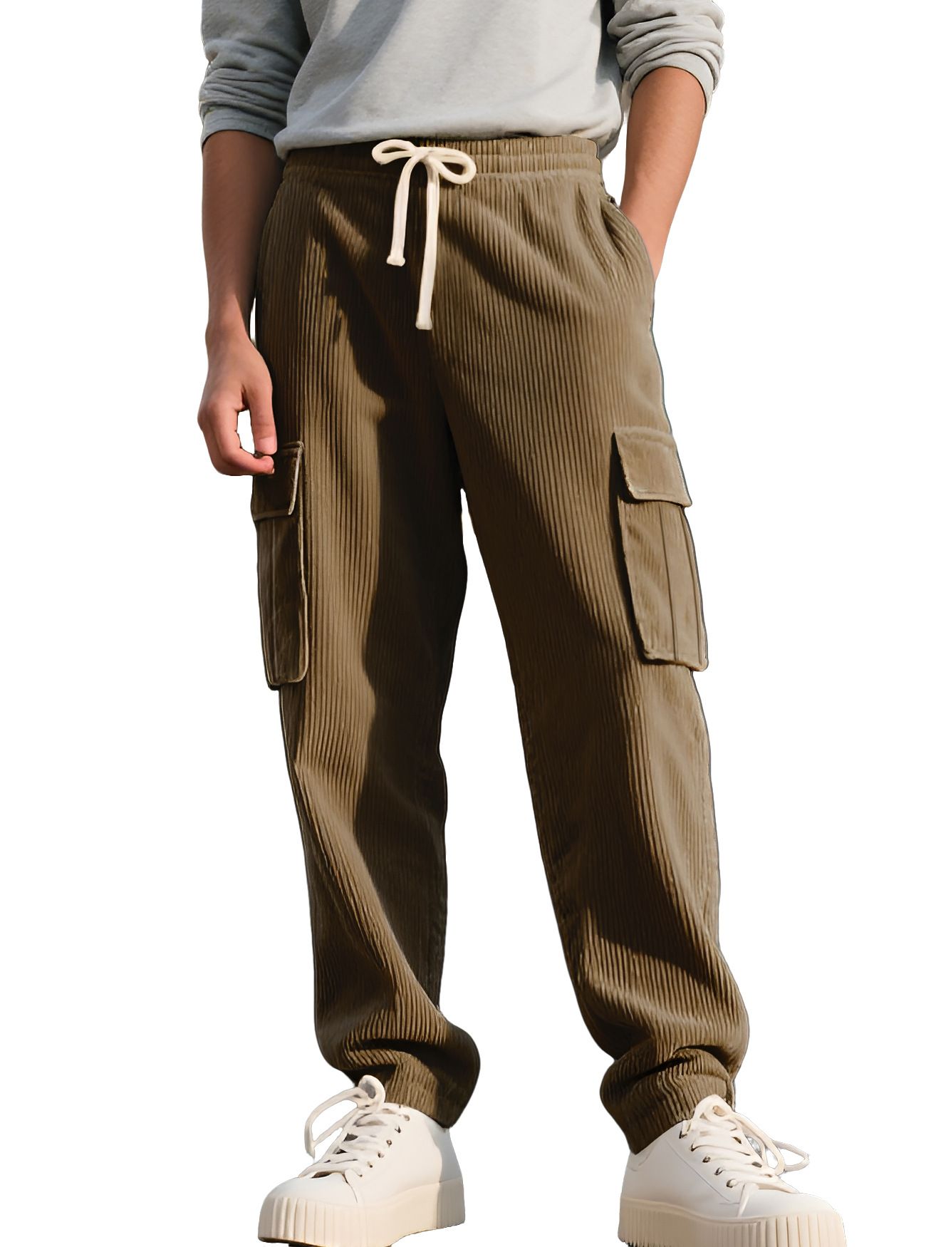 Corduroy Relaxed Fit Straight Leg Cargo Pants Men Vintage Style NDF-00018