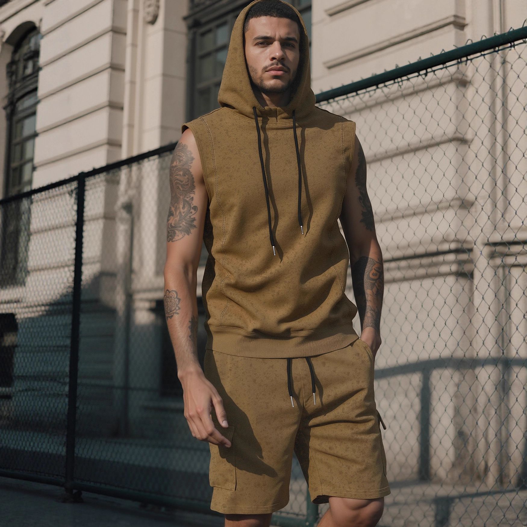 Distressed Athletic Shorts Hoodie Set - Sleeveless Men's Gym Outfit NDF-00044