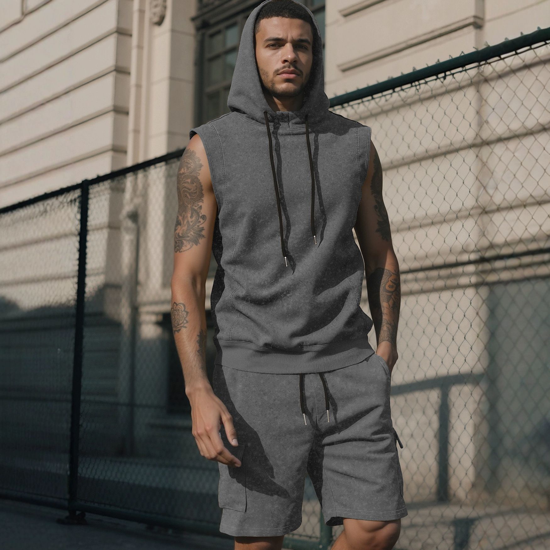 Distressed Athletic Shorts Hoodie Set - Sleeveless Men's Gym Outfit NDF-00044