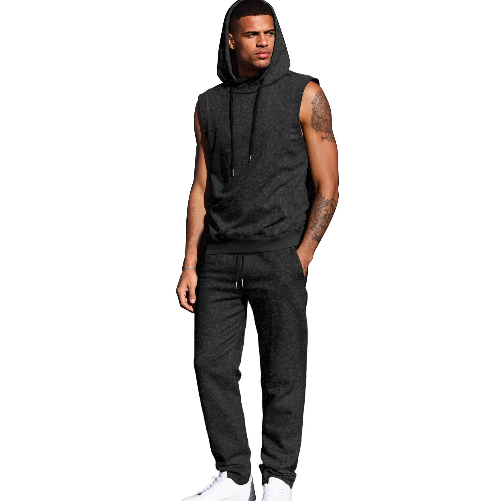 Men's Floral Sleeveless Hoodie Pants Set - Streetwear Fashion NDF-00045