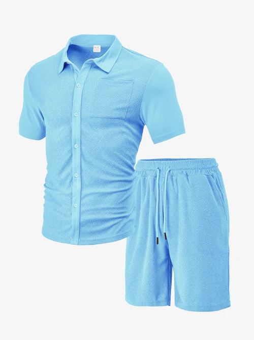 Men's Summer Casual Short Set - Textured Terry Knit NDF-00047