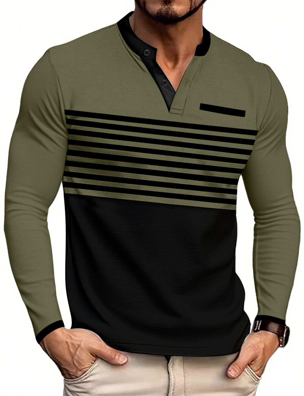 T-shirt casual da uomo a maniche lunghe con scollo a V, a righe e vestibilità slim NDF-00019