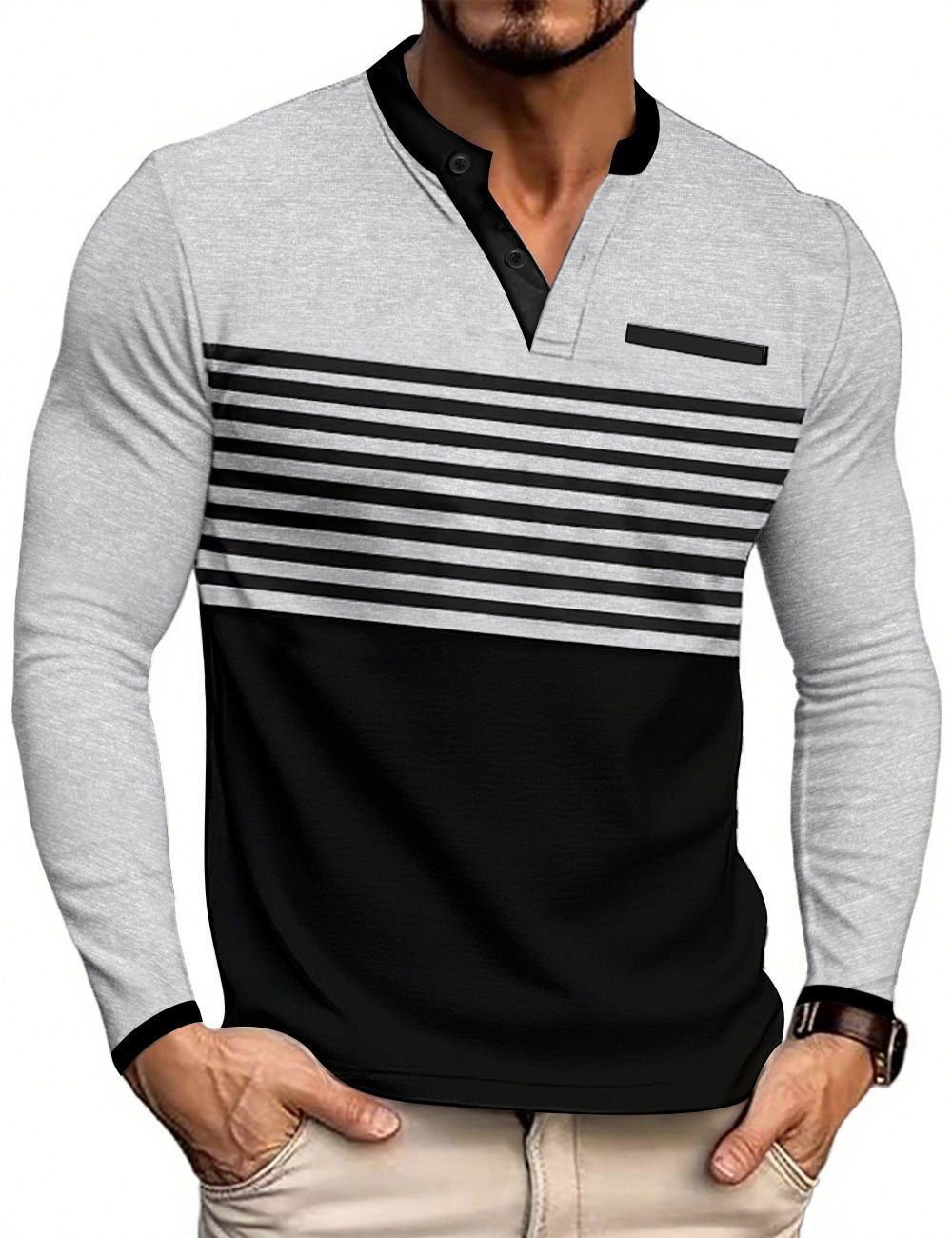 T-shirt casual da uomo a maniche lunghe con scollo a V, a righe e vestibilità slim NDF-00019