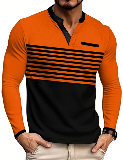 T-shirt casual da uomo a maniche lunghe con scollo a V, a righe e vestibilità slim NDF-00019