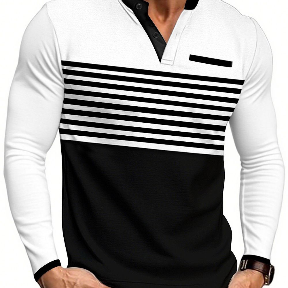 T-shirt casual da uomo a maniche lunghe con scollo a V, a righe e vestibilità slim NDF-00019