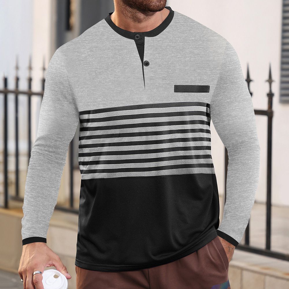 T-shirt casual da uomo a maniche lunghe con scollo a V, a righe e vestibilità slim NDF-00019
