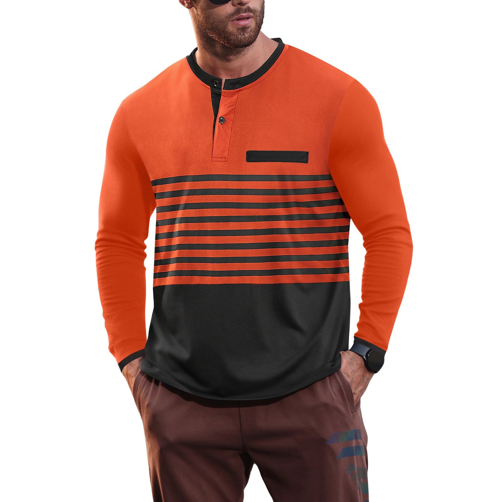 T-shirt casual da uomo a maniche lunghe con scollo a V, a righe e vestibilità slim NDF-00019