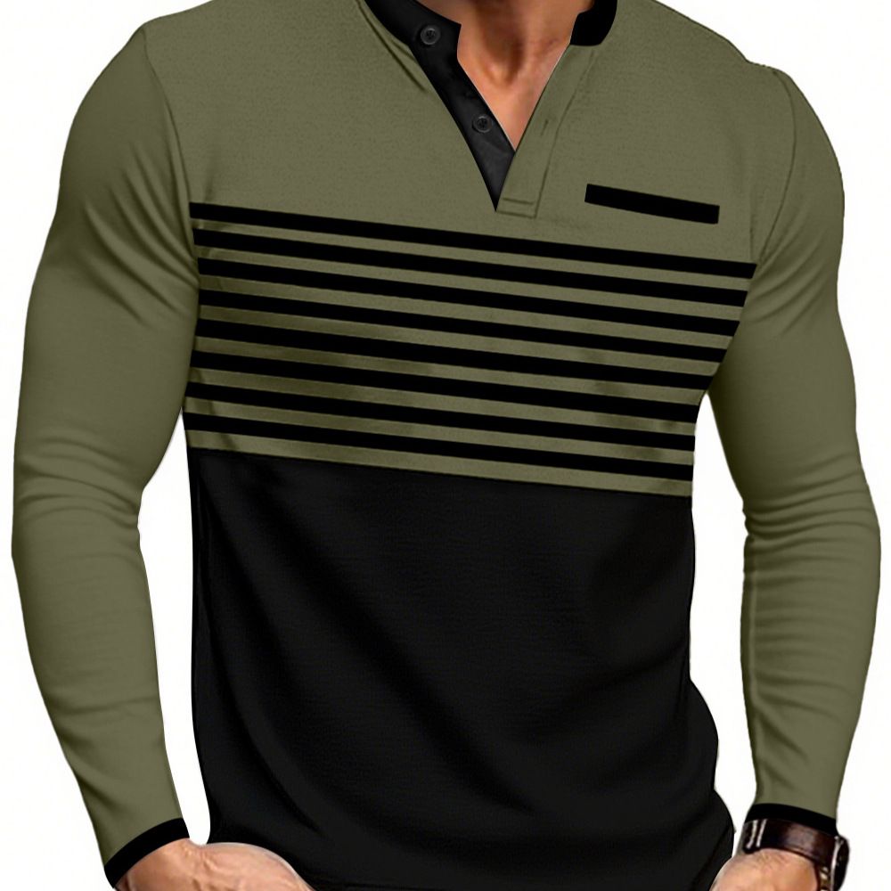 T-shirt casual da uomo a maniche lunghe con scollo a V, a righe e vestibilità slim NDF-00019