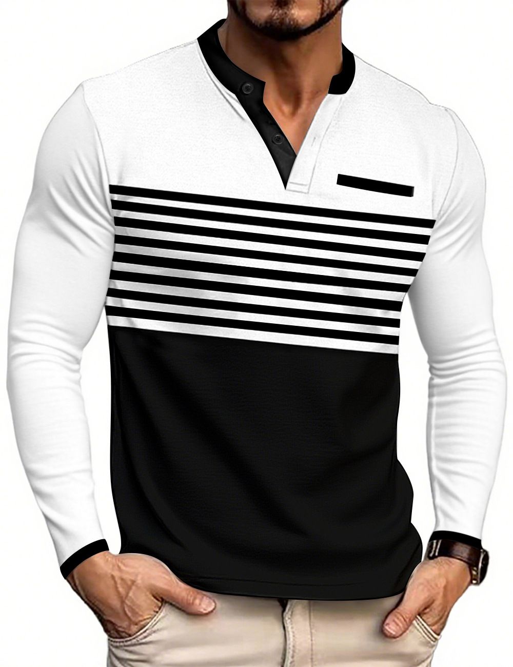 T-shirt casual da uomo a maniche lunghe con scollo a V, a righe e vestibilità slim NDF-00019