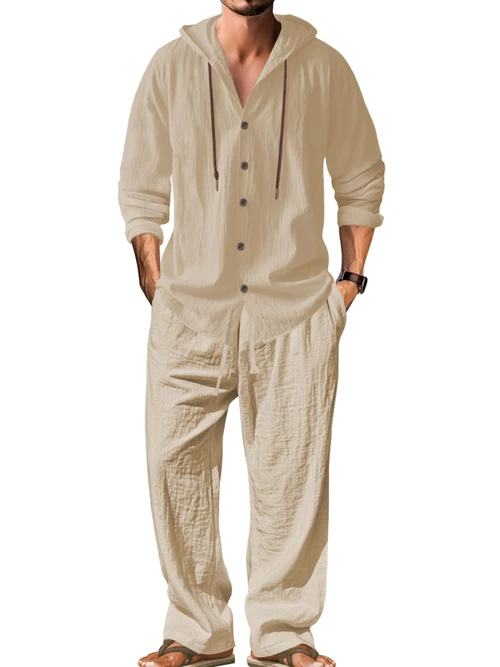 Linen Men's Casual Long Sleeve Shirt & Pants Set - Drawstring Hoodie NDF-00049