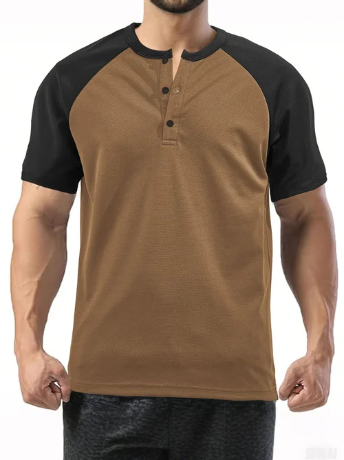 Polo da uomo traspirante a maniche corte con blocchi di colore, modello Henley NDF-00020