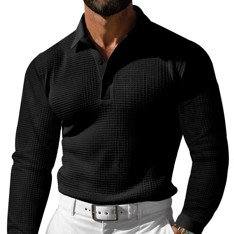 Waffle Knit Long Sleeve Polo Shirt - Casual Button Down Collar NDF-00021