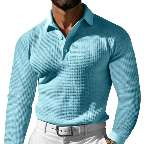 Waffle Knit Long Sleeve Polo Shirt - Casual Button Down Collar NDF-00021