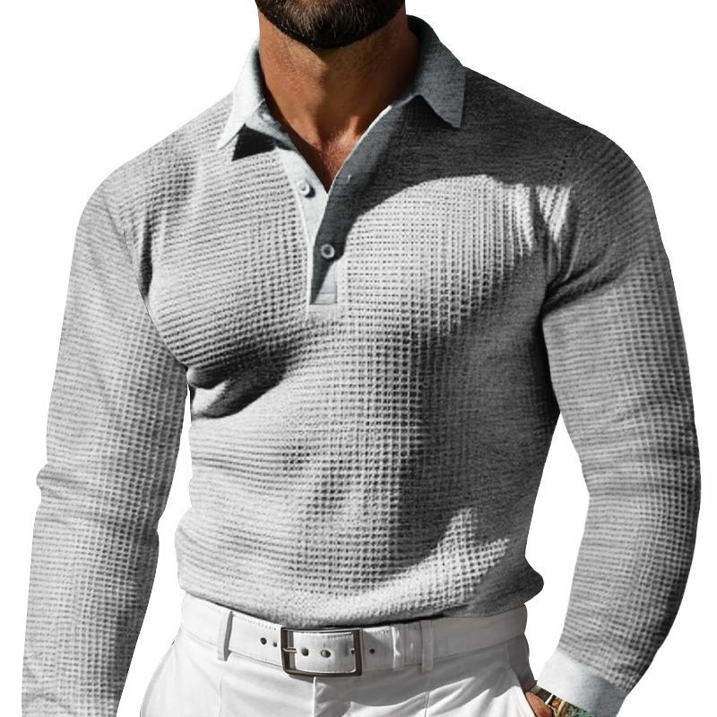 Waffle Knit Long Sleeve Polo Shirt - Casual Button Down Collar NDF-00021