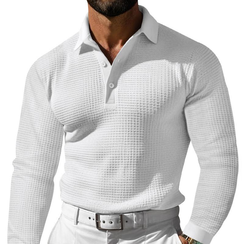 Waffle Knit Long Sleeve Polo Shirt - Casual Button Down Collar NDF-00021