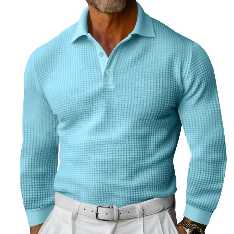Waffle Knit Long Sleeve Polo Shirt - Casual Button Down Collar NDF-00021