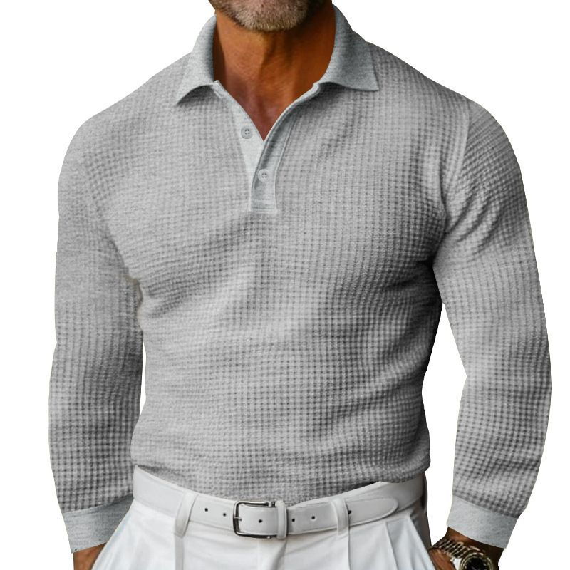 Waffle Knit Long Sleeve Polo Shirt - Casual Button Down Collar NDF-00021