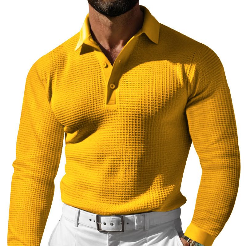 Waffle Knit Long Sleeve Polo Shirt - Casual Button Down Collar NDF-00021