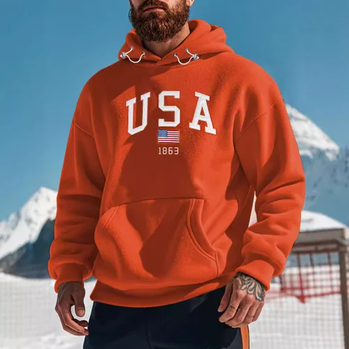 Felpa con cappuccio arancione in pile da uomo, spessa, casual, ricamata, taglia 3XL NDF-00021