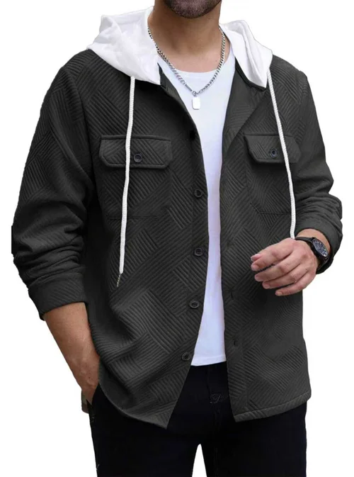 Felpa con cappuccio da uomo a blocchi di colore, in maglia, con tasche e bottoni, modello NDF-00018