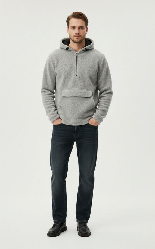 Felpa con cappuccio in pile alla moda, con tasca applicata e mezza zip NDF-00024
