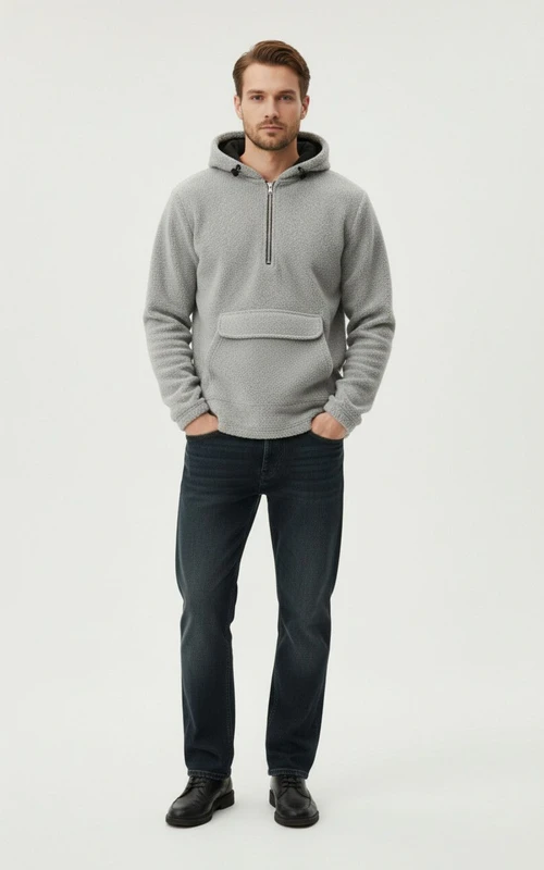 Fashionable Fleece Hoodie Pullover Patch Pocket Half Zip Sweatshirt NDF-00024