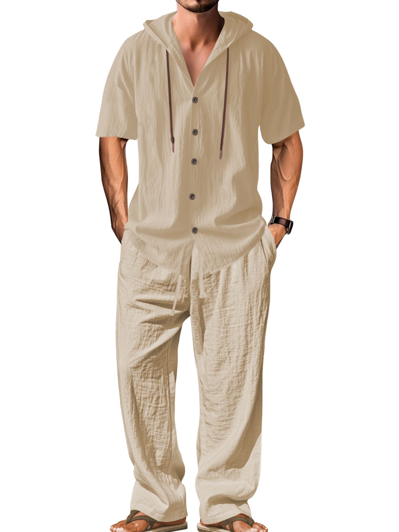 Cotton Linen Men's Casual Tracksuit - Hooded Shirt & Pants Set NDF-00055