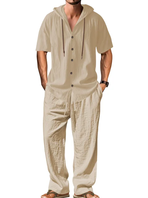 Completo sportivo casual da uomo in cotone e lino - Felpa con cappuccio e pantaloni NDF-00055