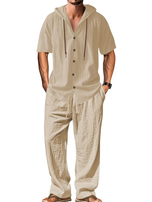 Cotton Linen Men's Casual Tracksuit - Hooded Shirt & Pants Set NDF-00055