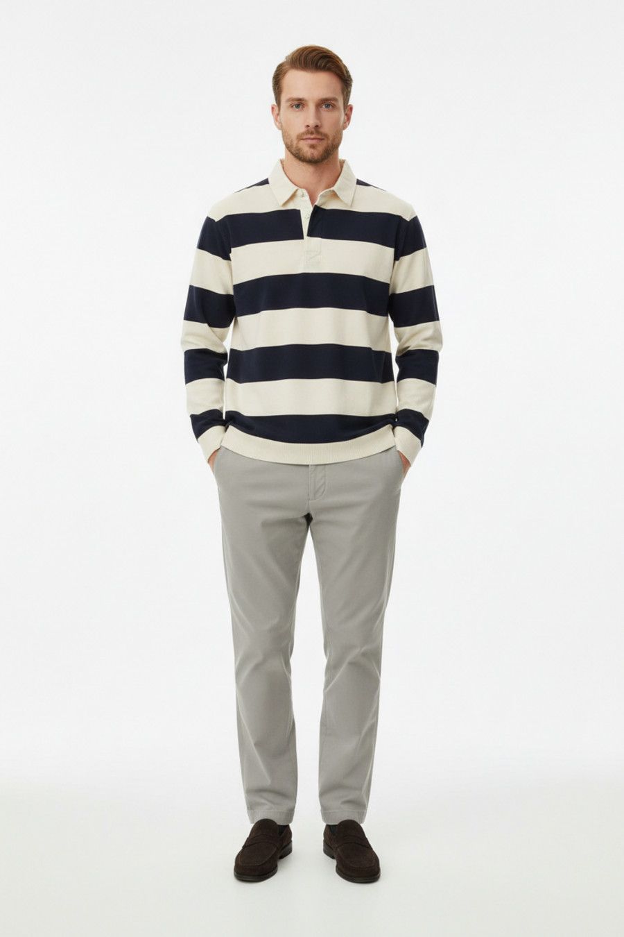 Knit Striped Long Sleeve Polo Shirt - Casual Business Trendy NDF-00025