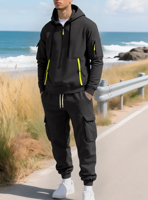 Completo da uomo composto da felpa con cappuccio e pantaloni cargo foderati in pile NDF-00063