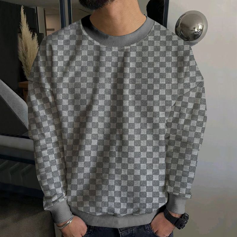 Men's Knit Sweater Checkerboard Jacquard Crewneck Long Sleeve Top NDF-00005