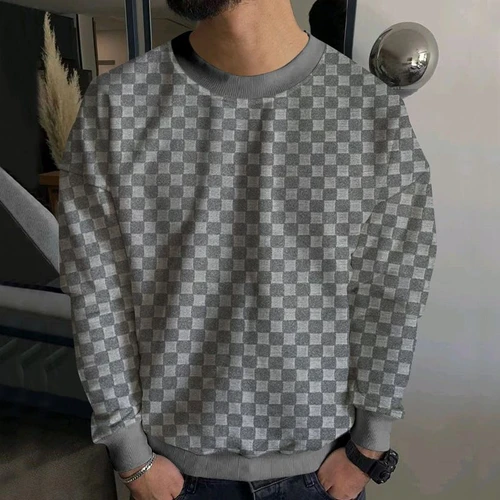 Men's Knit Sweater Checkerboard Jacquard Crewneck Long Sleeve Top NDF-00005