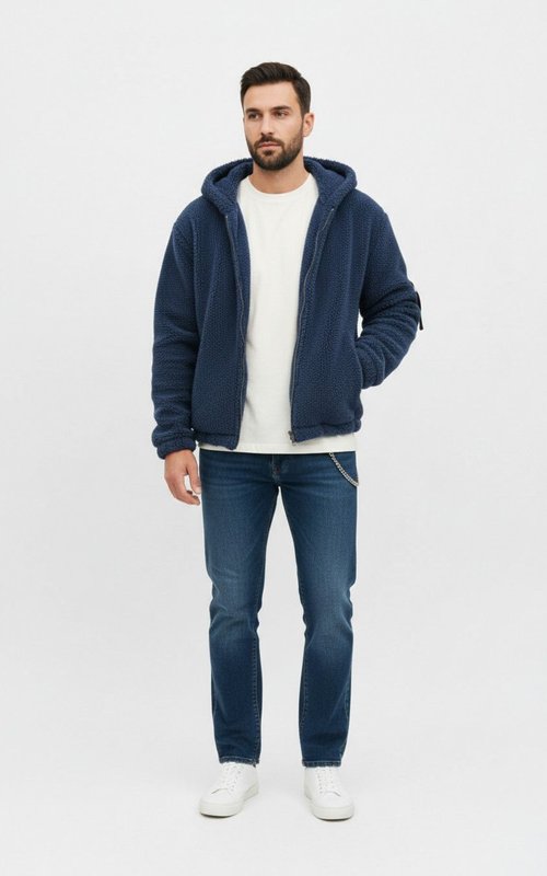 Giacca reversibile in pile da uomo con cappuccio e cerniera, casual e versatile NDF-00021