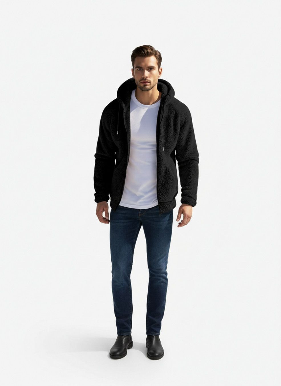 Giacca reversibile in pile da uomo con cappuccio e cerniera, casual e versatile NDF-00021