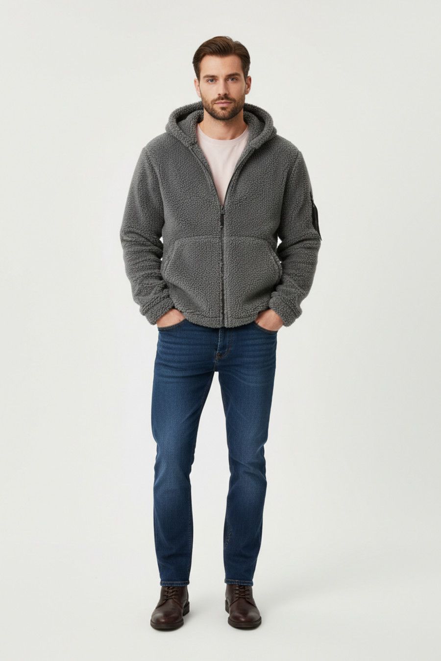 Giacca reversibile in pile da uomo con cappuccio e cerniera, casual e versatile NDF-00021