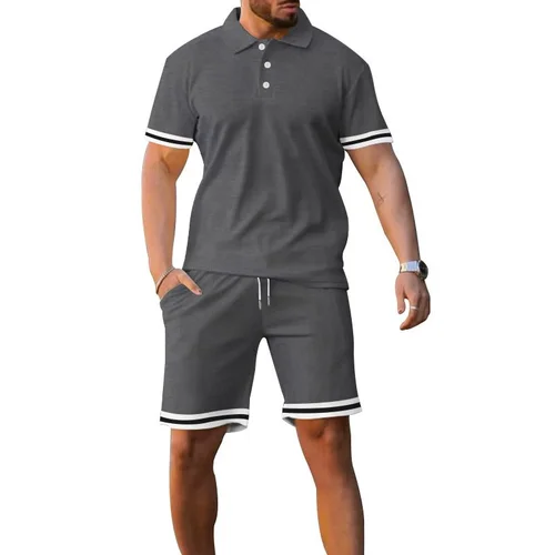 Completo estivo casual da uomo in cotone con risvolto, maniche corte e pantaloncini (NDF-00069)
