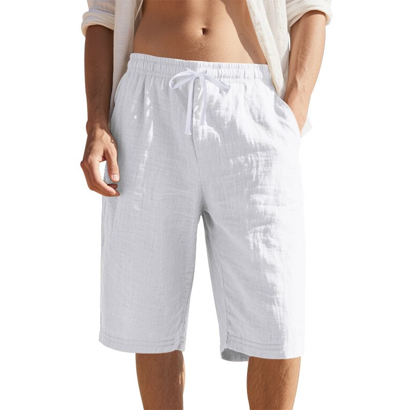 Pantalones cortos de lino para hombre, con cordón, cintura elástica, informales, transpirables, NDF-00010