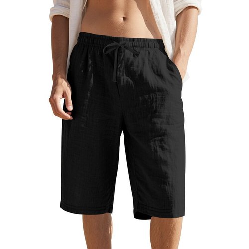 Pantaloncini da uomo in lino con coulisse in vita elasticizzata, casual e traspiranti NDF-00010
