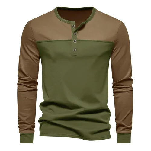 T-shirt da uomo Henley a maniche lunghe, stile vintage con blocchi di colore, autunno 2024 NDF-00026