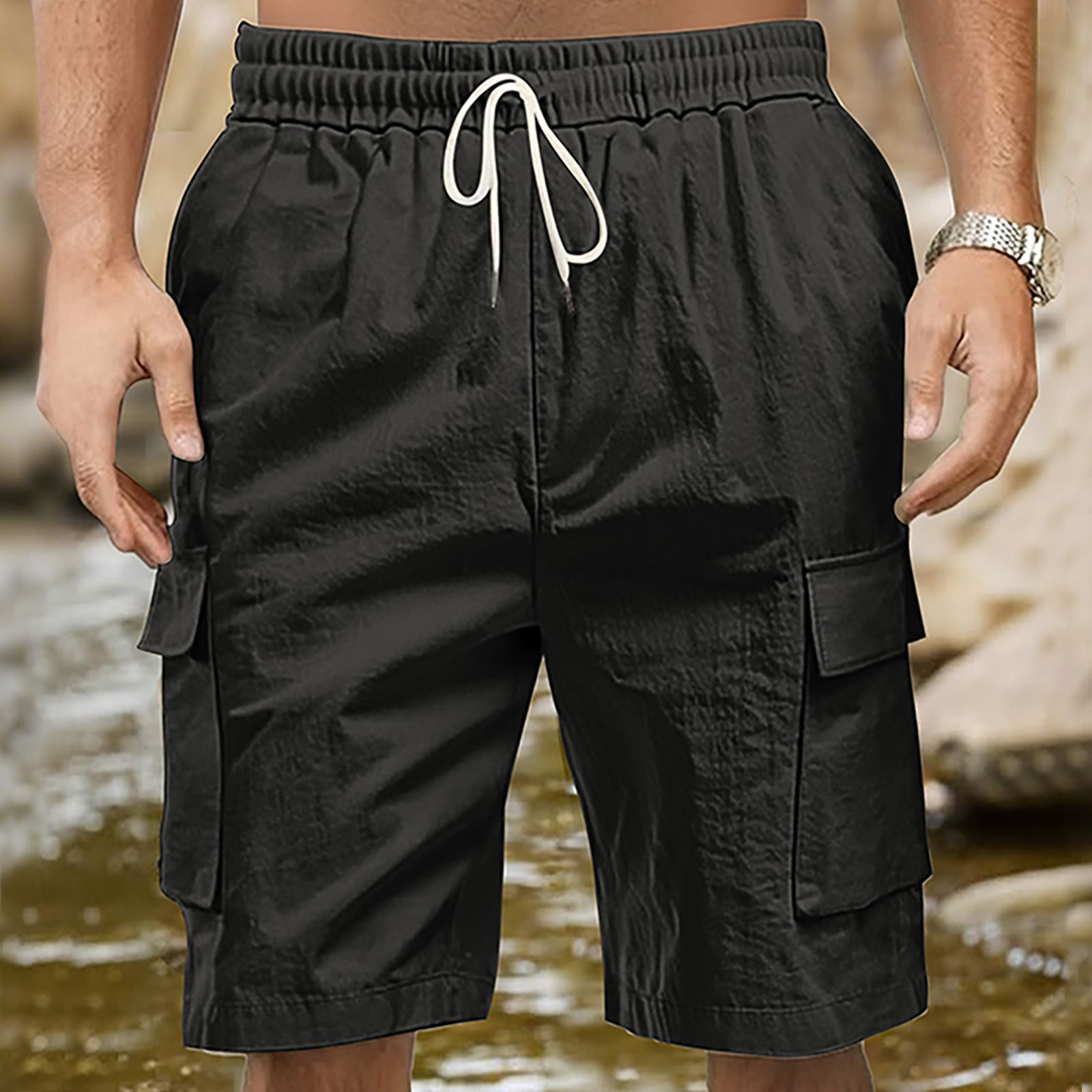 Pantalones cortos cargo de lino para hombre, corte holgado, multibolsillos, para exteriores, NDF-00013