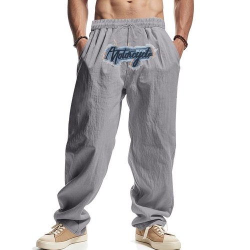 Pantaloni da jogging hip hop a gamba larga in lino con ricami, modello NDF-00036