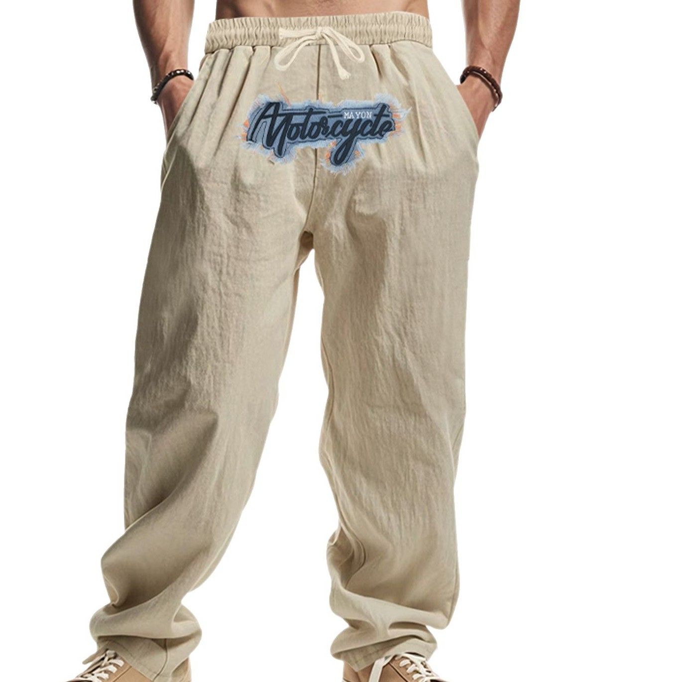 Pantalones deportivos de lino de pierna ancha con bordado estilo hip hop NDF-00036