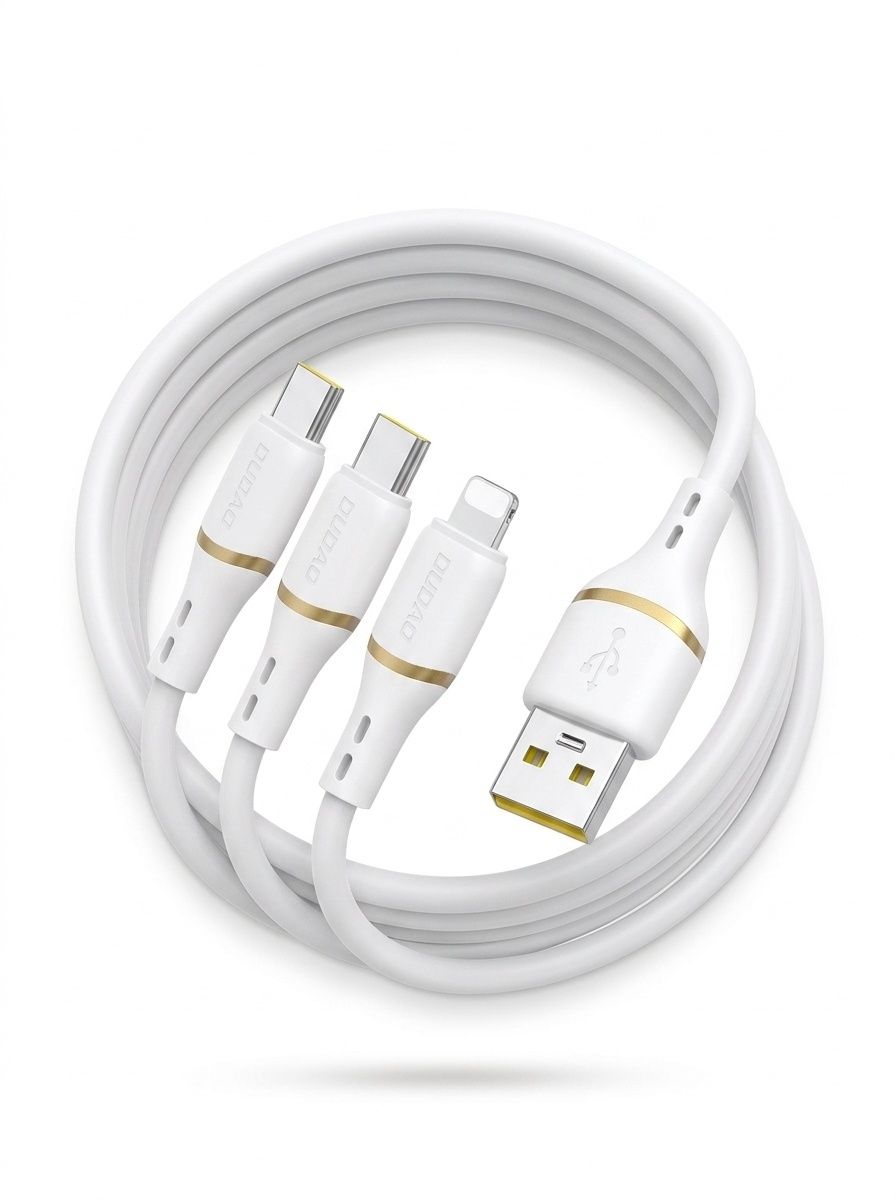 66W Fast Charge 3-in-1 Liquid Silicone USB-C/Lightning/USB-A Cable, Tangle-Free Durability, White