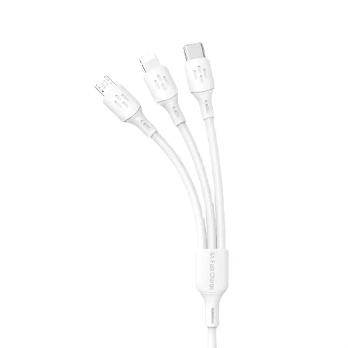 3-in-1 Fast Charging Cable, USB-C, Lightning, Micro USB Connectors, 6A Intelligent Chip Protection, White
