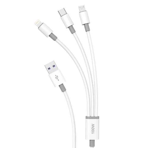 100W 3-in-1 Fast Charging Cable for iPhone, Android & Type-C, 480Mbps Data Transfer, 1.2m, White