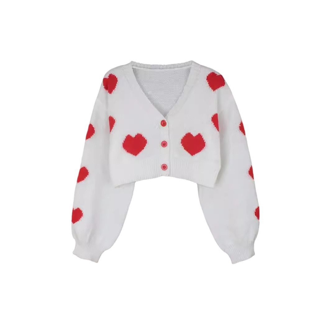 Knitted Heart Cardigan Long Sleeve Cropped Sweater
