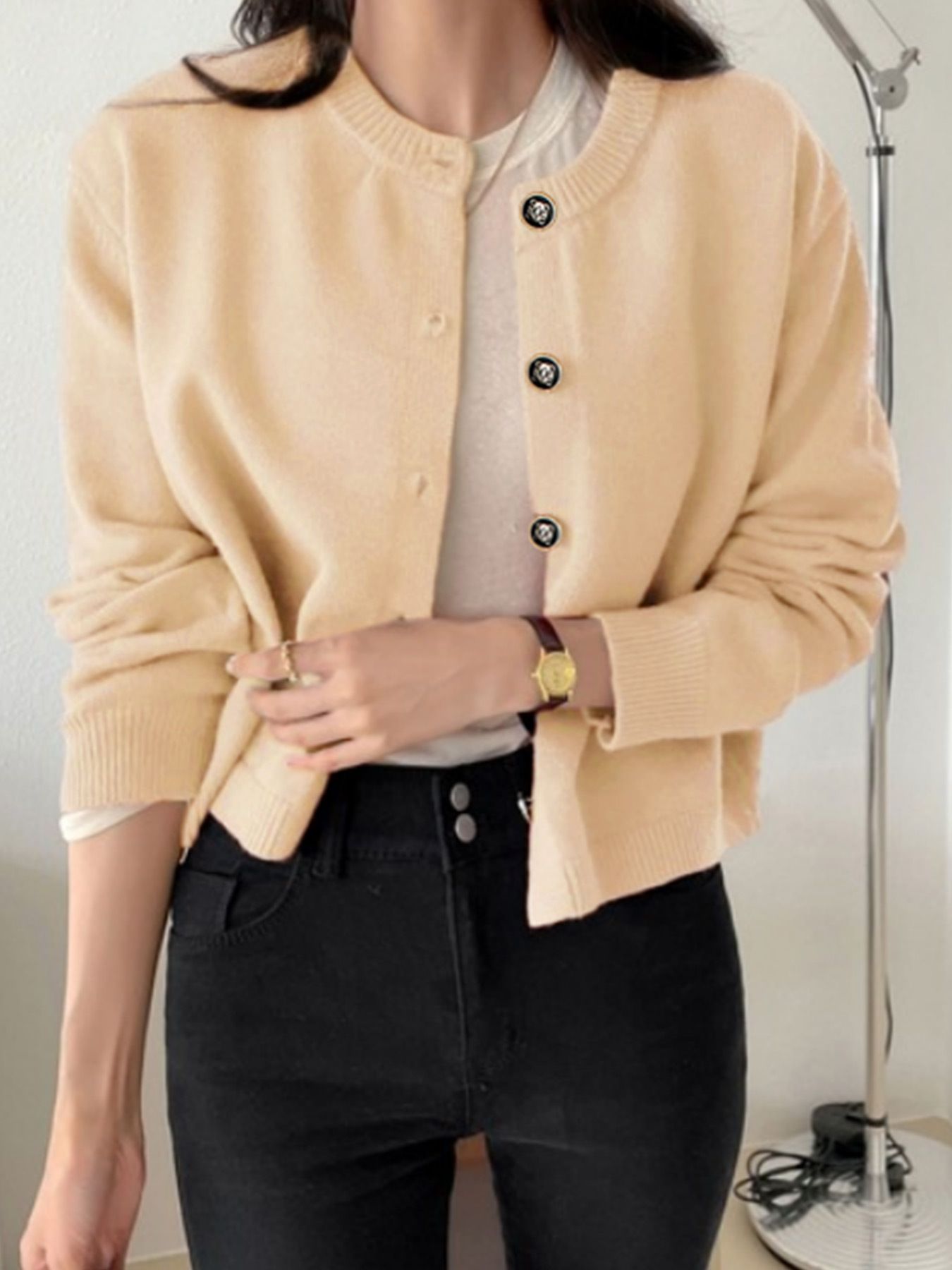 Gilet court en maille, couleur unie, printemps-automne